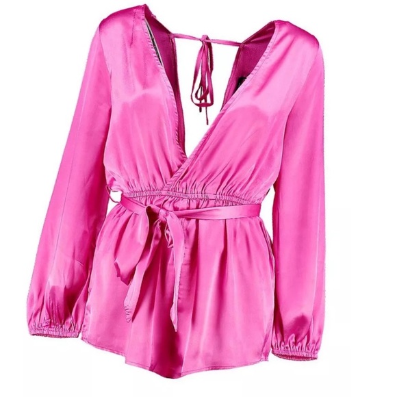 BOOHOO Pink Glossy Satin Playsuit Romper cover-up - Picture 3 of 4